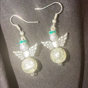 Elegant Silver and a touch of green Angel Wing Earrings